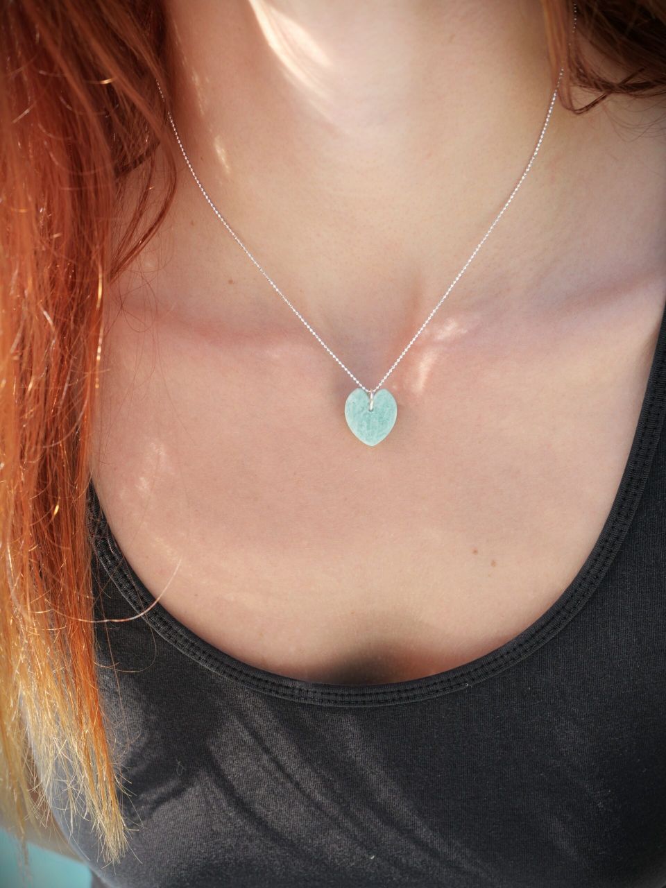 collier fin femme en pierres naturelles, coeur et argent 925