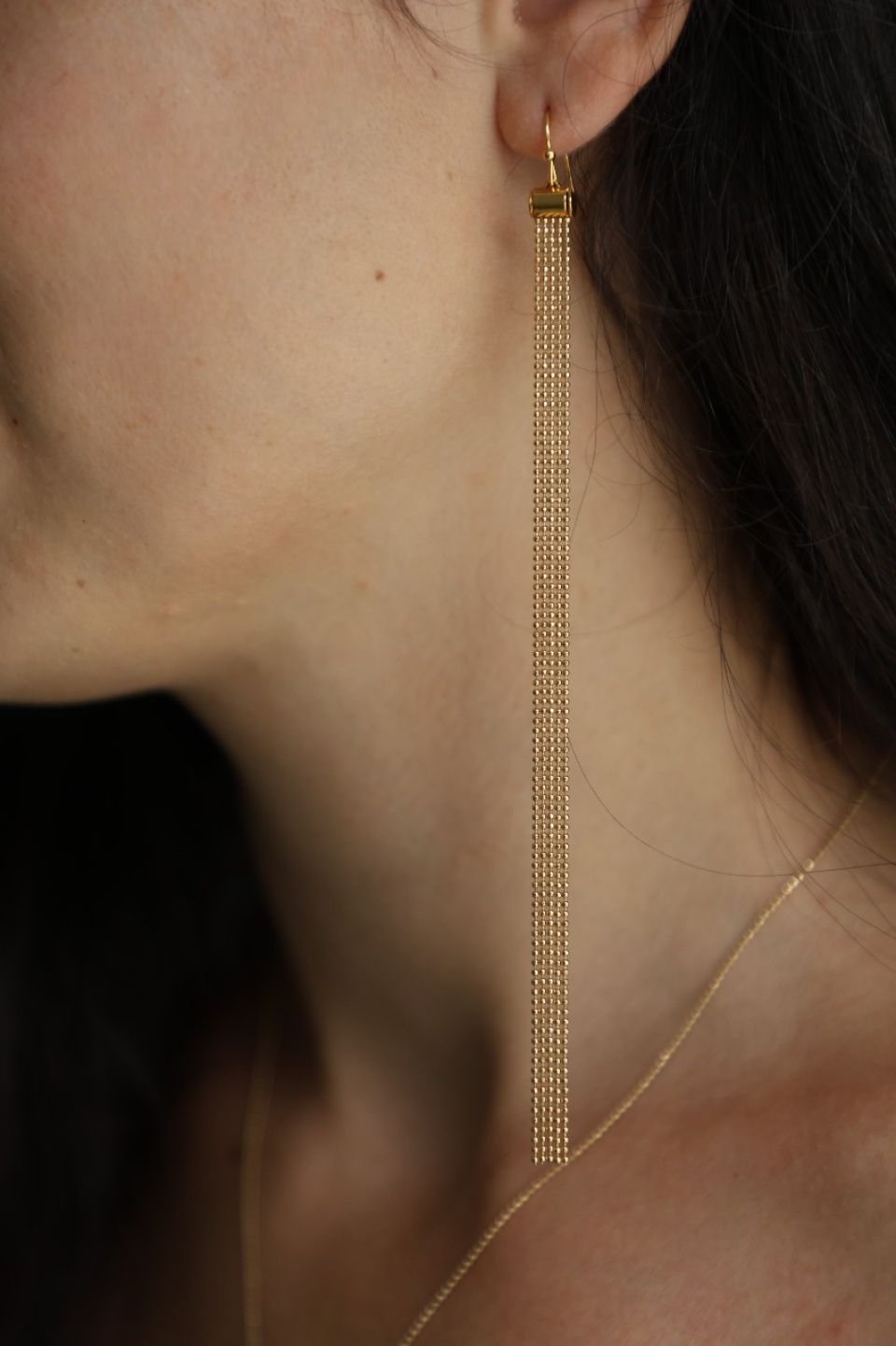 boucles d'oreille femme longue, mono boucle, boucles d'oreilles plaquée or 3 microns