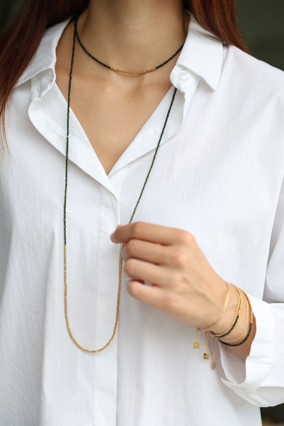 sautoir fin en pierres naturelles vertes