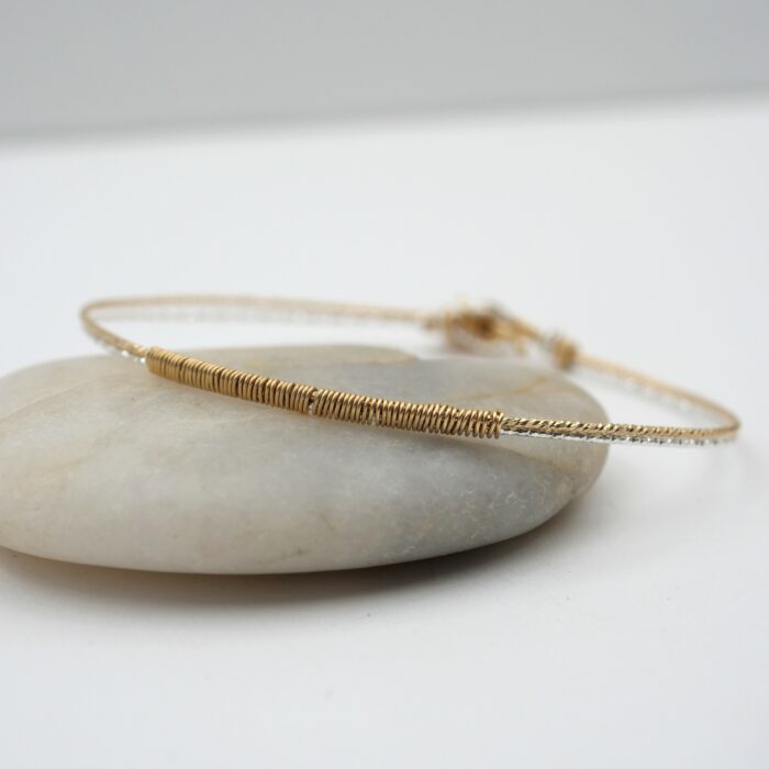 Joncs Sabrina en argent 925 et or laminé avec fils diamantés, bijoux fins faits main, mix argent doré