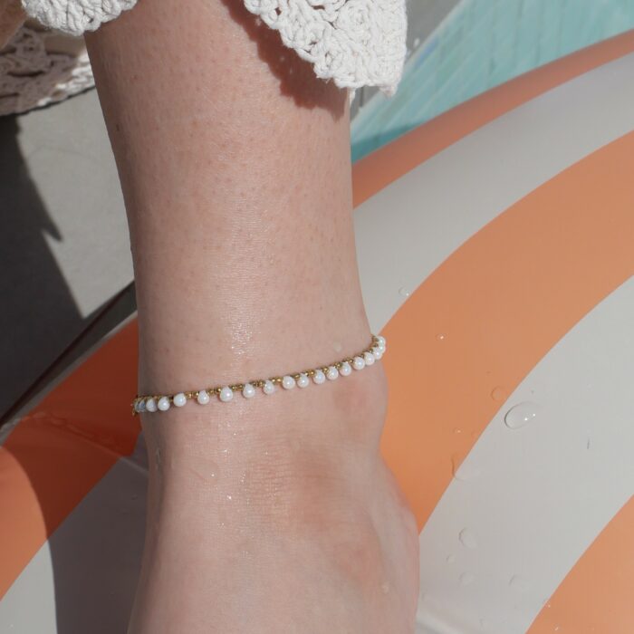 Bracelet de cheville en or laminé avec perles Miyuki nacrées et hématite dorée fait main