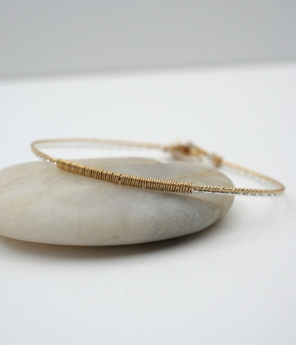 Joncs Sabrina en argent 925 et or laminé avec fils diamantés, bijoux fins faits main, mix argent doré