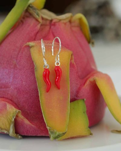 Bague Pearl 3 Boucles d’oreilles argent avec mini piment rouge émaillé suspendu