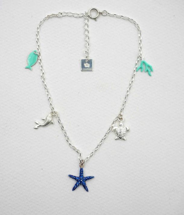 Bracelet de cheville Calypso en argent 925 avec breloques marines émaillées : étoile de mer bleue, poisson turquoise, corail, tortue.
