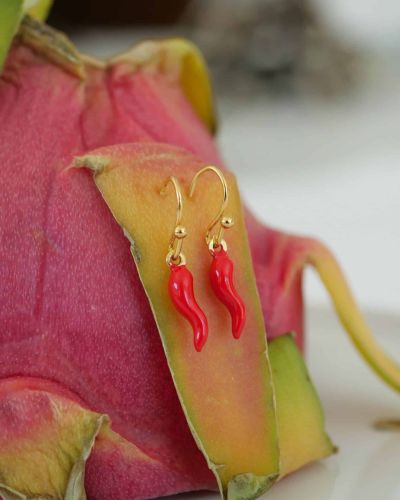 Bague Pearl 5 Boucles d’oreilles argent avec mini piment rouge émaillé suspendu